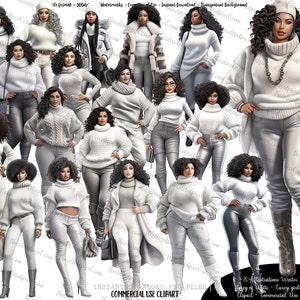 Clipart de Moda de Inverno: Mulheres Latinas e Negras de Branco (Download Digital)