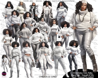 Winter Fashion Clipart: Latina & Black Women in White (Digital Download)