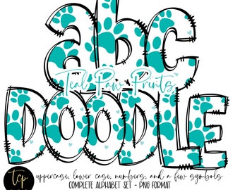 Doodle Letters PNG Alphabet Bundle, Hand Drawn Alpha Pack, Digital Download Sublimation Alphabet PNG, DTF Printable, Teal paw lowercase