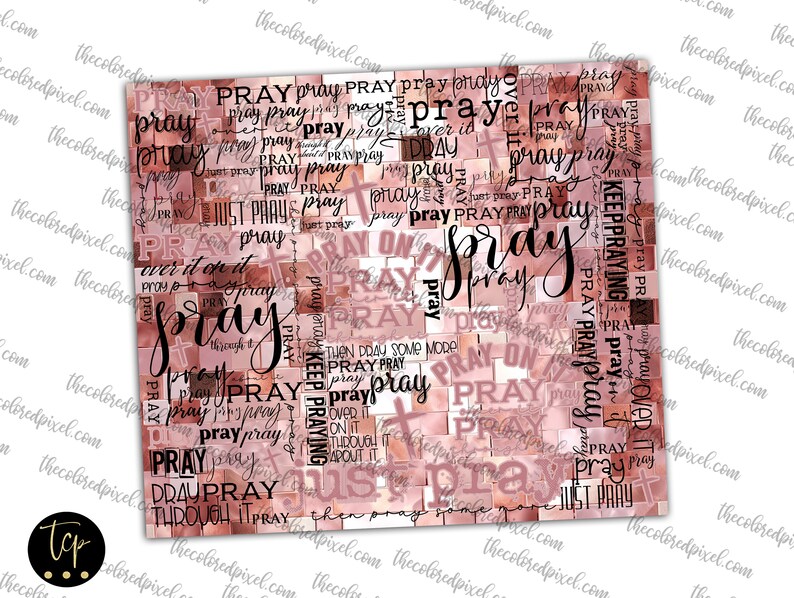 Pu&ograve; includere: Un collage digitale con uno sfondo acquerellato rosa e bianco. Le parole "Prega" e "Continua a pregare" sono ripetute in tutta l'immagine in un carattere di scrittura nero.