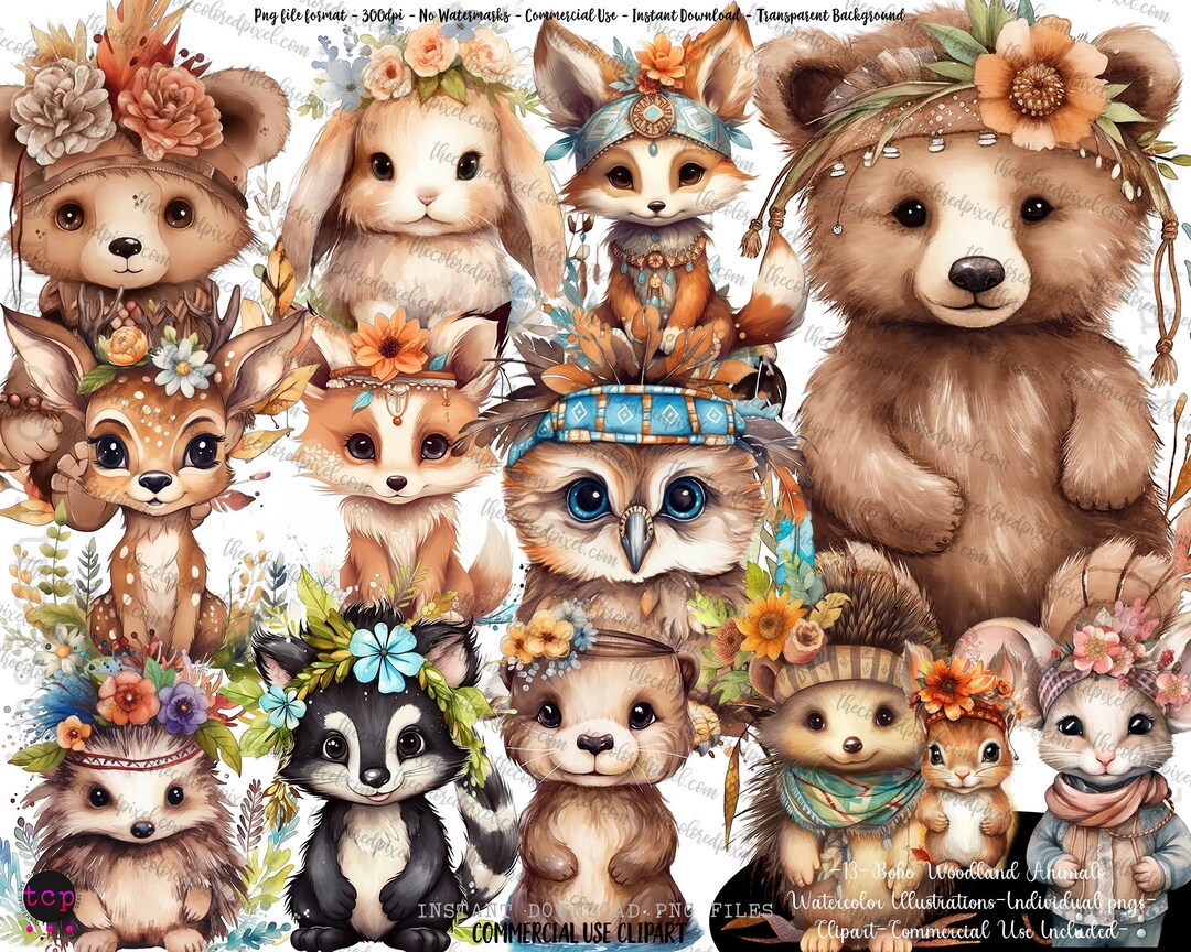 Woodland Animals Boho Clipart, Watercolor Baby Animals, Baby Fox Bear ...