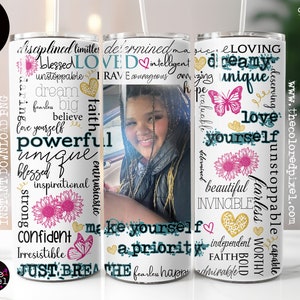 Positive Affirmation 20 Unzen Skinny Tumbler wickeln, Sublimation png, inspirierender Schmetterling, Love yourself Foto Vorlage, fügen Sie Ihr eigenes Bild pink hinzu
