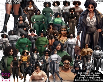 Black Women clipart, Dark Fall Vibes clipart fashion, Women of Color clipart, Planner Sticker Clipart, plus size clipart v82326181