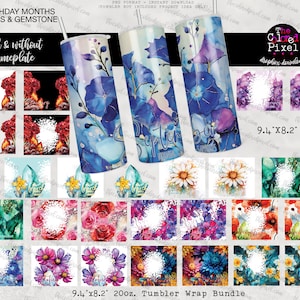 Bundle Monthly Tumbler Wraps (12), 20 Unzen Skinny Straight PNG, Mit-Ohne Namensschilder, Januar bis Dezember Tumbler Wrap, Geburtstag Blumen PNG