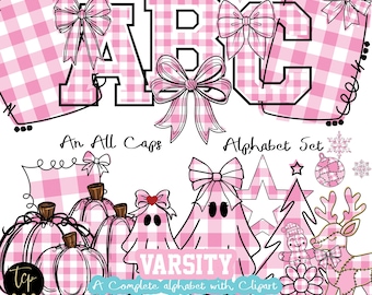 Varsity Alfabet PNG Set: Rosa Gingham Bokstäver & Clipart (Digital Nedladdning) Endast Versaler