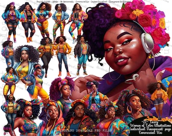 May include: A digital illustration set of 22 curvy women of color in various poses wearing colorful clothing. The women are wearing bright colors, including yellow, blue, green, and pink. The illustrations are in a cartoon style and have a vibrant, energetic feel. The text "22 - Curvy Women of Color Illustrations Individual Transparent pngs Commercial Use" is at the bottom of the image.