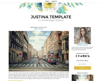 Blogger Template - Justina, Blog Design Template, Blogger Theme, Mobile Responsive, Black, Blue Yellow Green Floral, Flowers, Feminine