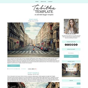 Peut inclure: Un modèle de blog avec une scène de rue de la ville comme image principale. Le texte "Tabitha Template" est affiché dans une police d'écriture manuscrite. Le titre de l'article de blog est "Test Post" et la date est "Friday, June 30, 2017".