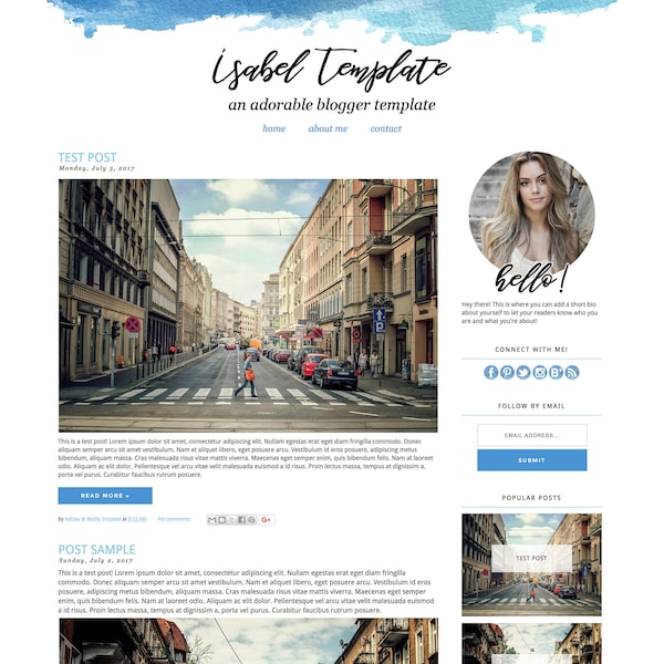 Blogger Template - Isabel, Blog Design Template, Blog Theme, Blogger Theme, Mobile Responsive, Blue Teal, Watercolor, Paint Stroke, Feminine