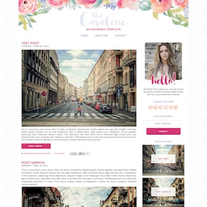 Blogger Template - Caroline, Blog Design Template, Blog Theme, Blogger Theme, Mobile Responsive, Pink, Peach, Purple, Blue, Floral, Bright