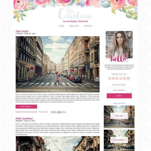 Blogger Template - Caroline, Blog Design Template, Blog Theme, Blogger Theme, Mobile Responsive, Pink, Pfirsich, Lila, Blau, Floral, Hell