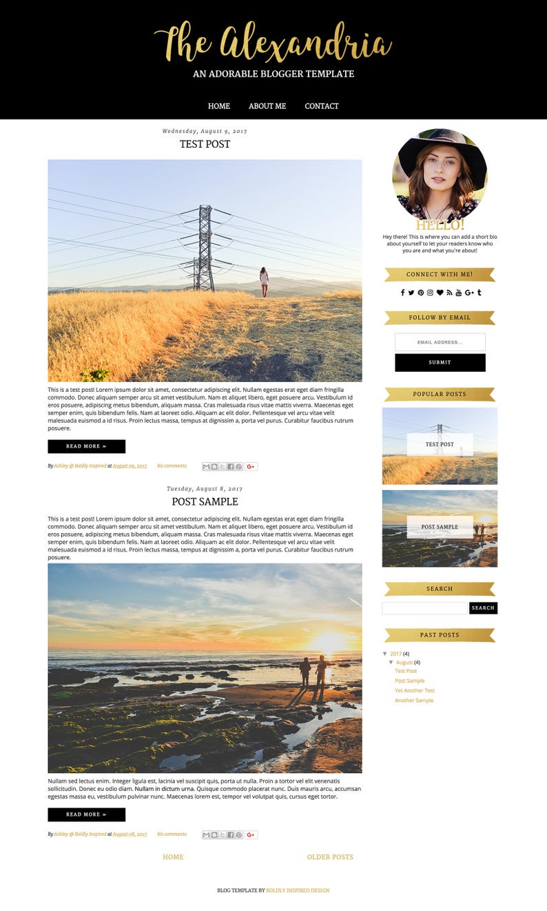 Plantilla de blogger - Alejandría, Plantilla de diseño de blog, Tema de blogger, Responsivo móvil, Oro, Blanco y negro, Moderno, Minimalista, Femenino imagen 1