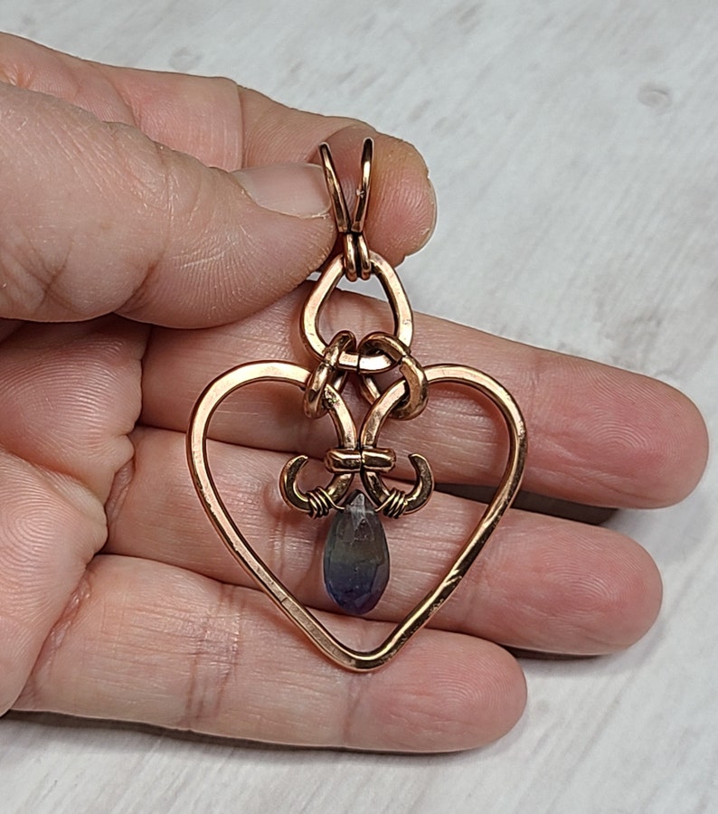 Purple or blue fluorite hammered heart pendant