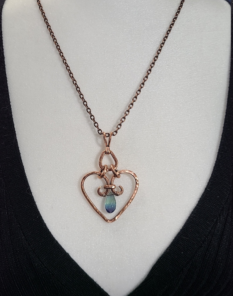 Purple or blue fluorite hammered heart pendant