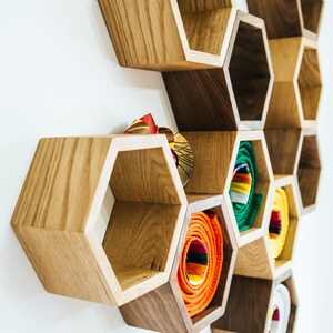 Oak and Walnut Hexagon Shelves Honeycomb Shelves Wall Shelf Floating Shelf image 2