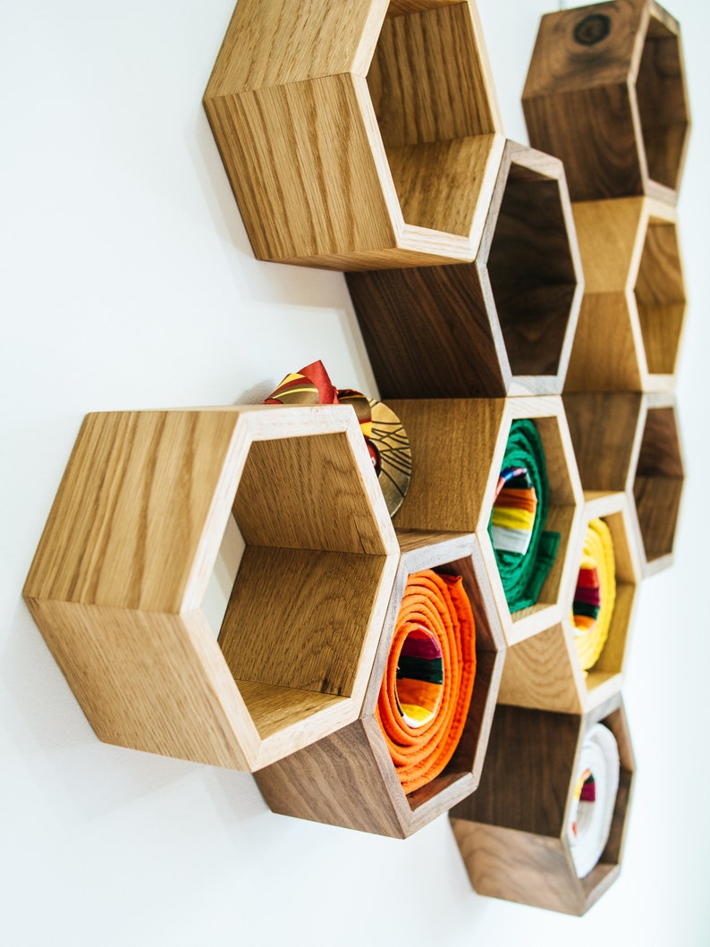 Oak and Walnut Hexagon Shelves Honeycomb Shelves Wall Shelf Floating Shelf image 2