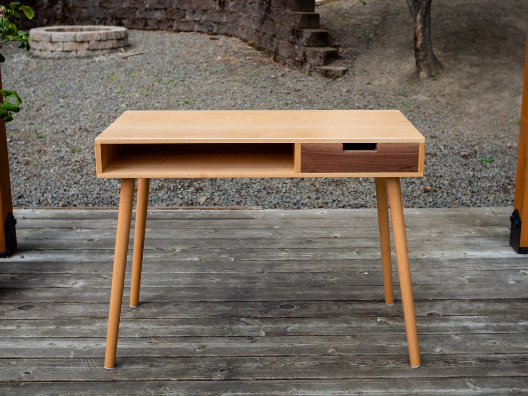 Beech Mid Century Modern Desk With Walnut Drawer - Etsy