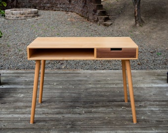Beech Mid Century Modern Desk with Walnut Drawer