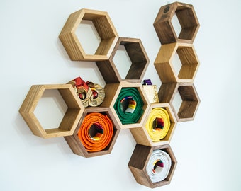 Oak and Walnut Hexagon Shelves | Honeycomb Shelves | Wall Shelf | Floating Shelf