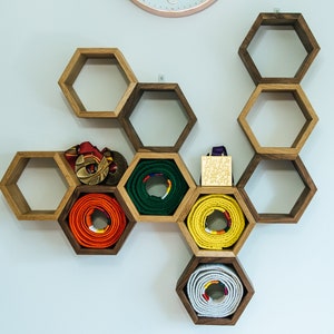 Oak and Walnut Hexagon Shelves Honeycomb Shelves Wall Shelf Floating Shelf image 5