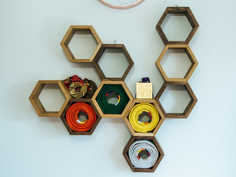 Oak and Walnut Hexagon Shelves Honeycomb Shelves Wall Shelf Floating Shelf image 5