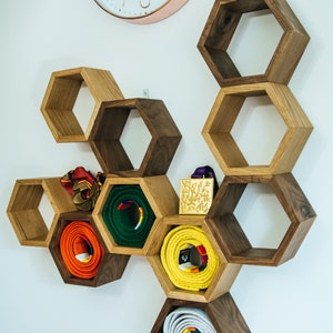 Oak and Walnut Hexagon Shelves Honeycomb Shelves Wall Shelf Floating Shelf image 3