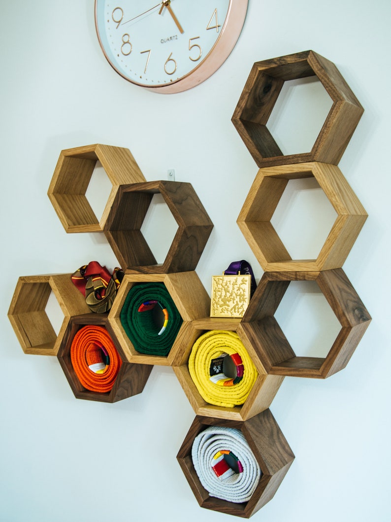 Oak and Walnut Hexagon Shelves Honeycomb Shelves Wall Shelf Floating Shelf image 3