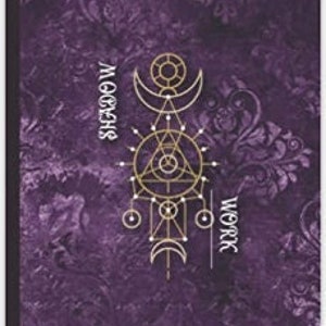 May include: Purple background with a gold geometric design featuring a crescent moon, a triangle, and a circle. The words "WORK" and "MAGIC" are written vertically on either side of the design.