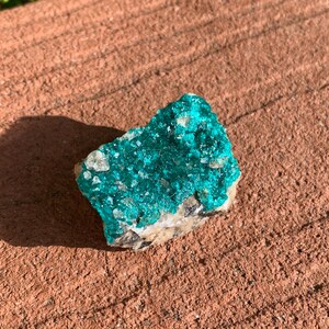May include: A vibrant, teal-colored mineral specimen with a crystalline structure. The mineral is set against a light-colored rock base, showcasing its rich color and texture. The specimen is displayed on a reddish-brown surface.