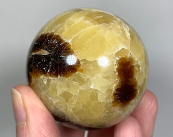 May include: A spherical, polished gemstone with a light yellow base color and dark brown, flower-like patterns. The sphere is held in a hand, showcasing its smooth, reflective surface. The gemstone is a decorative item.