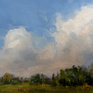 May include: An oil painting depicting a landscape with a vast blue sky filled with large, textured white and grey clouds. Below the sky, a line of dark green trees stretches across the horizon, set against a field of muted green and yellow grasses.