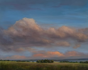 Large Original 20 X 24 Inch Oil Landscape Painting- Dramatic Sky Sunset Field Scene