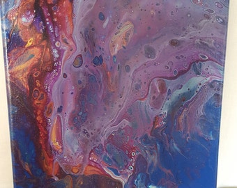 Colorful Wave Abstract Acrylic Pour Painting, Blue, Purple, Red, Rouge Pink, and White, 11 in by 14in