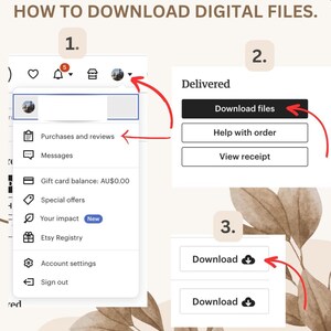 May include: A screenshot of a computer screen showing how to download digital files on Etsy. The steps are numbered 1, 2, and 3. Step 1 shows how to access the Etsy account menu. Step 2 shows how to access the "Download files" button. Step 3 shows how to download the files.