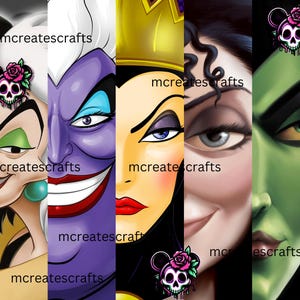 May include: A digital collage featuring four Disney villain characters: Maleficent, Ursula, the Evil Queen, and the Wicked Witch of the West. Each character is depicted with a dramatic expression and a skull and rose design in the background.