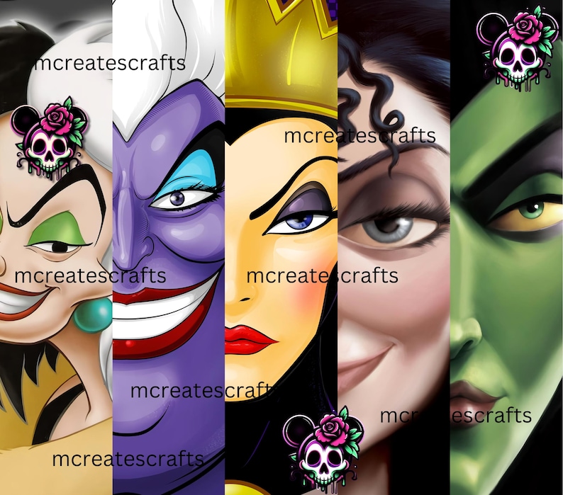May include: A digital collage featuring four Disney villain characters: Maleficent, Ursula, the Evil Queen, and the Wicked Witch of the West. Each character is depicted with a dramatic expression and a skull and rose design in the background.