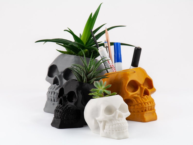 Human Skull Planter, Halloween Succulent Planter, 3D Printed Head Plant Pot, Spooky garden decoration, Creepy Makeup Brush Holder image 1