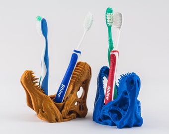 T-Rex Toothbrush Holder - Desktop Dinosaur Skull Bathroom Organizer
