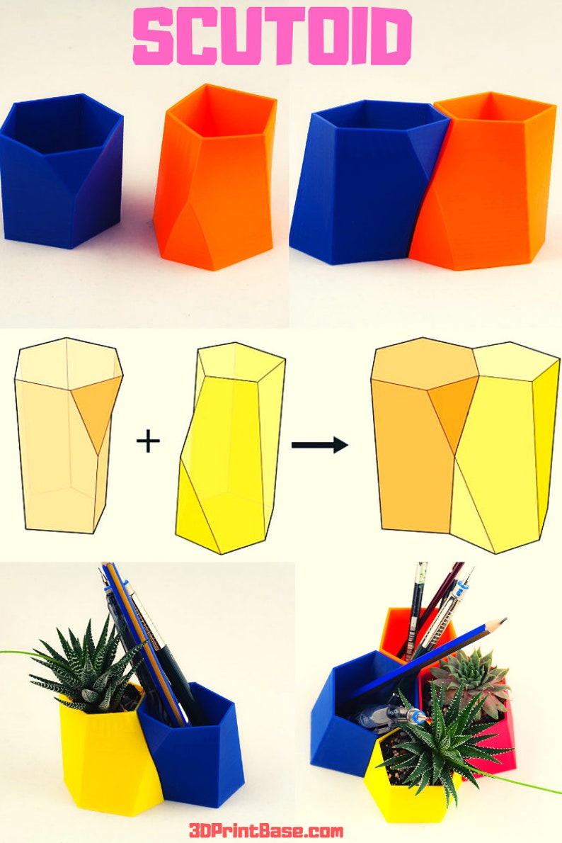 Par de Scutoid Succulent Planter&Pen Holder, Regalo de Navidad personalizado para un amigo, Organizador de escritorio impreso en 3D, Maceta de aire imagen 7