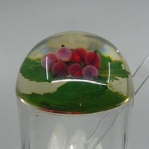 Può includere: Un distributore di zucchero in vetro trasparente con un coperchio a cupola che presenta una foglia verde e bacche rosse. Il distributore viene fornito con un cucchiaio di plastica trasparente.