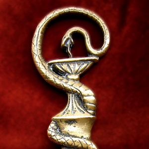 Può includere: Un aprilettere in ottone con un motivo a serpente. Il serpente si avvolge attorno al manico e forma una parte superiore decorativa. L'aprilettere ha una lama lunga e piatta. Lo sfondo è rosso scuro.