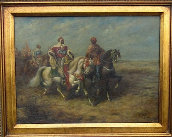 Antique signed oil painting after Adolf Schreyer "Arab Chieftain and his Entourage" Orientalist style Exotic genre scene Victorian art gift