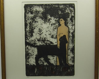 Vintage Swedish linocut print / etching Mowgli with Bagheera and a bird by Christina Lindblom Scandinavian art Nordic style Earth day gift