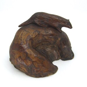Antique Swedish hand carved wooden sculpture Marten / Mink on a burl base Signed BP Scandinavian folk art Nordic nature inspired Unique gift