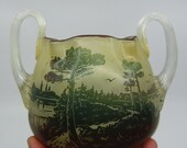Antique Art Nouveau Bohemian Beyermann Co small handled glass vase Landscape decor Forest and lake scene Nature inspired Austria Hungary