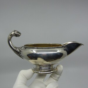 Vintage Danish silver plated metal gravy boat Lion head handle Empire style sauce boat Neo classical sauciere Hallmarked FB Made in Denmark image 2