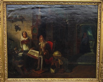 Remarkable antique Swedish oil painting Alchemist in his workshop with two allegorical figures 1800s Symbolic picture Enigmatic art Alchemy