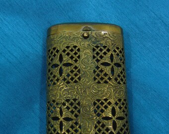 Victorian mystery object Antique openwork metal cigarette case / hand warmer / cricket cage Ornate pocket box Lady&#39;s etui Sewing kit holder