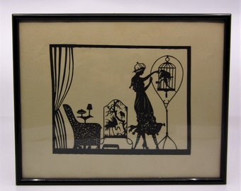 Antique /Vintage Art Deco Paper Silhouette picture Young lady feeding a parrot French? Jeeves & Wooster style Unusual decor Sweet gift 1920s