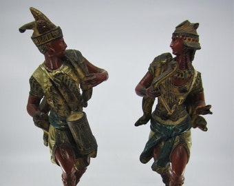 Pair of antique painted metal figurines depicting a female and a male dancer / musician Moorish or Gypsy couple 1800s Exotic Victorian decor